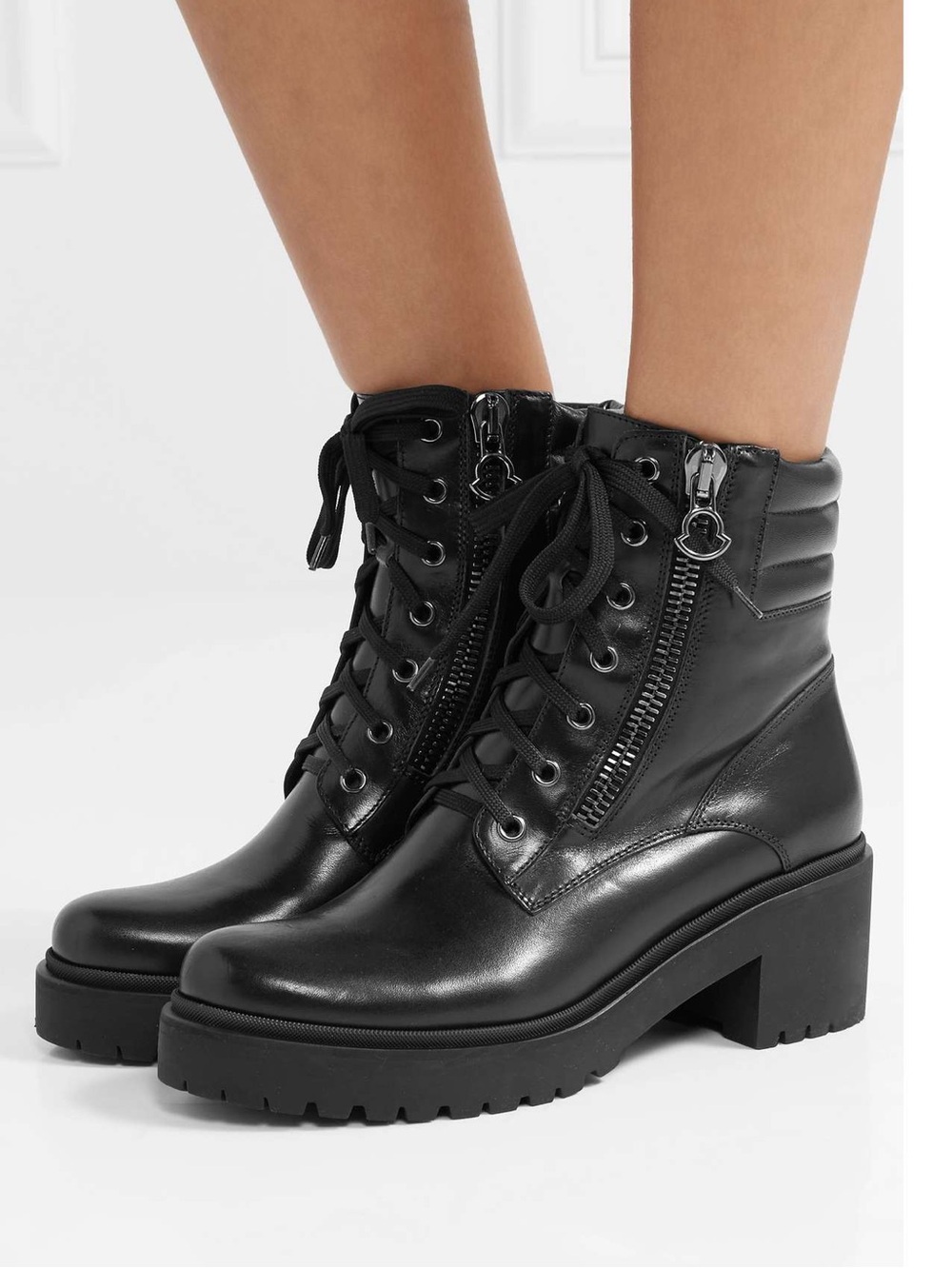 Moncler Viviane Leather Combat Boots Made in Italy Black Chunky Moto Size 40 - Picture 13 of 13